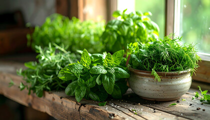 Harvesting fresh herbs kitchen window photography natural light close-up culinary delight