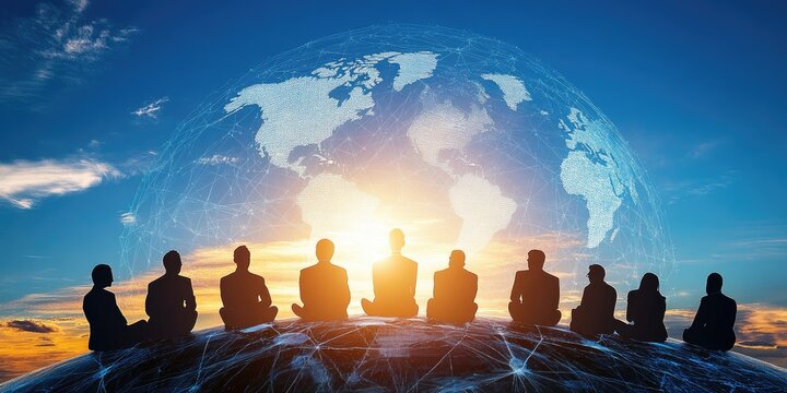 Global Collaboration Silhouetted Figures on a World Map at Sunrise