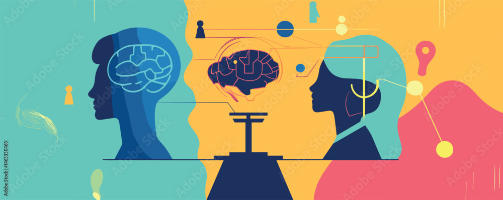 Poster abstract concept of human intellect and emotion with two interacting digital figures.