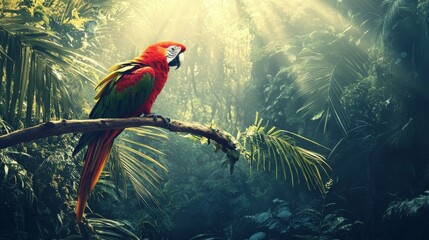 A vibrant red and green macaw perched on a branch in a lush tropical jungle with sunlight streaming through the foliage.