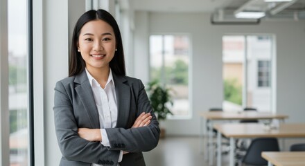 Young woman in business attire stands confidently in a bright office space.