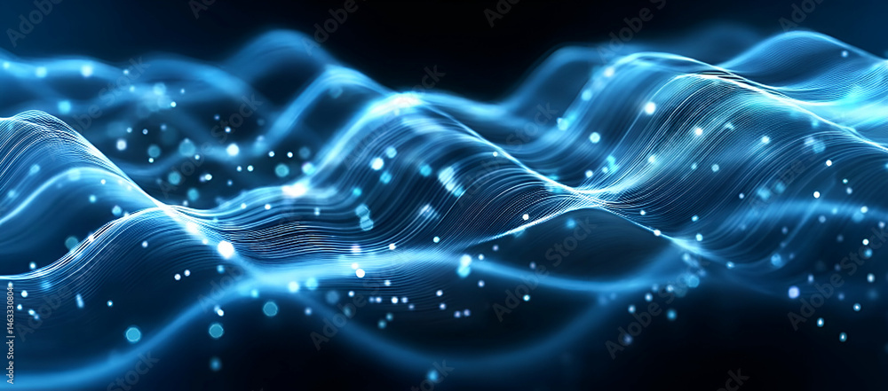Poster a mesmerizing visual of flowing blue waves, representing technology and innovation through dynamic l