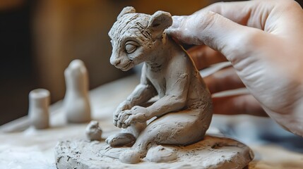Hand Sculpting an Animal Figure: Hands carefully shaping the body of a small clay animal, with fine details being added to the legs and face. 
