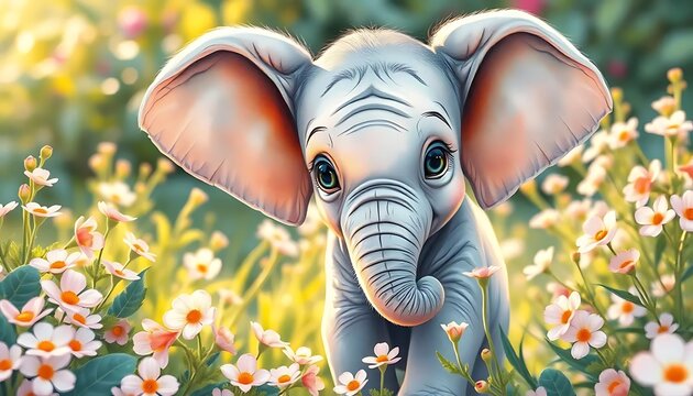 Watercolor Baby Elephant with Flowers	Adorable watercolor illustration of a baby elephant sitting among pastel flowers, perfect for nursery designs and children's decor