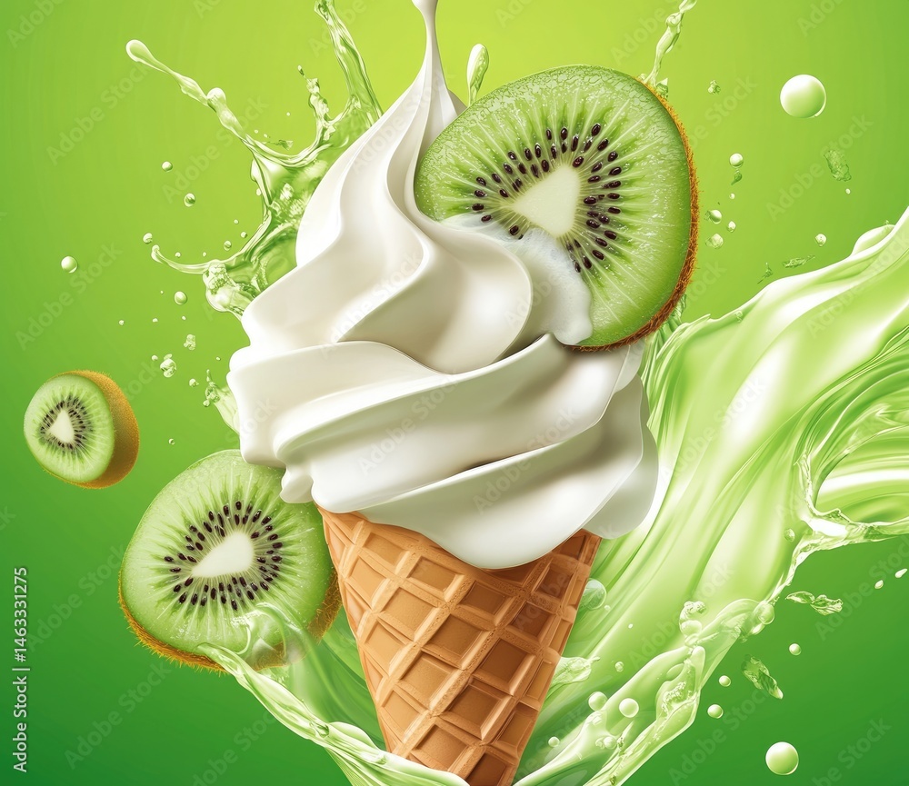 Poster a delicious swirl of soft-serve ice cream topped with fresh kiwi slices. set against a green backgro