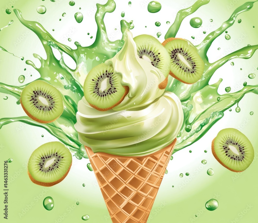 Poster a refreshing kiwi-flavored soft serve ice cream cone surrounded by splashes of green liquid and kiwi