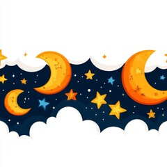 Naklejka premium Colorful Night Sky with Moon and Stars, Whimsical Illustration for Children’s Room or Party Decoration, Dreamy Background with Celestial Elements