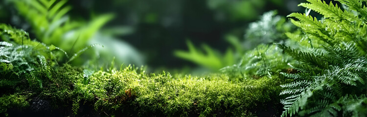 A serene view of lush green foliage, with moss and ferns thriving in a tranquil forest setting. Nature's beauty at its best.