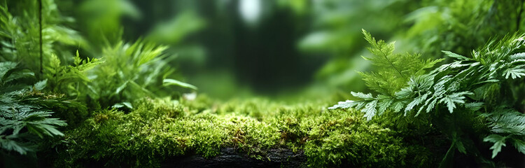 Fototapeta premium A serene view of lush greenery, showcasing vibrant moss and ferns in a tranquil natural setting.