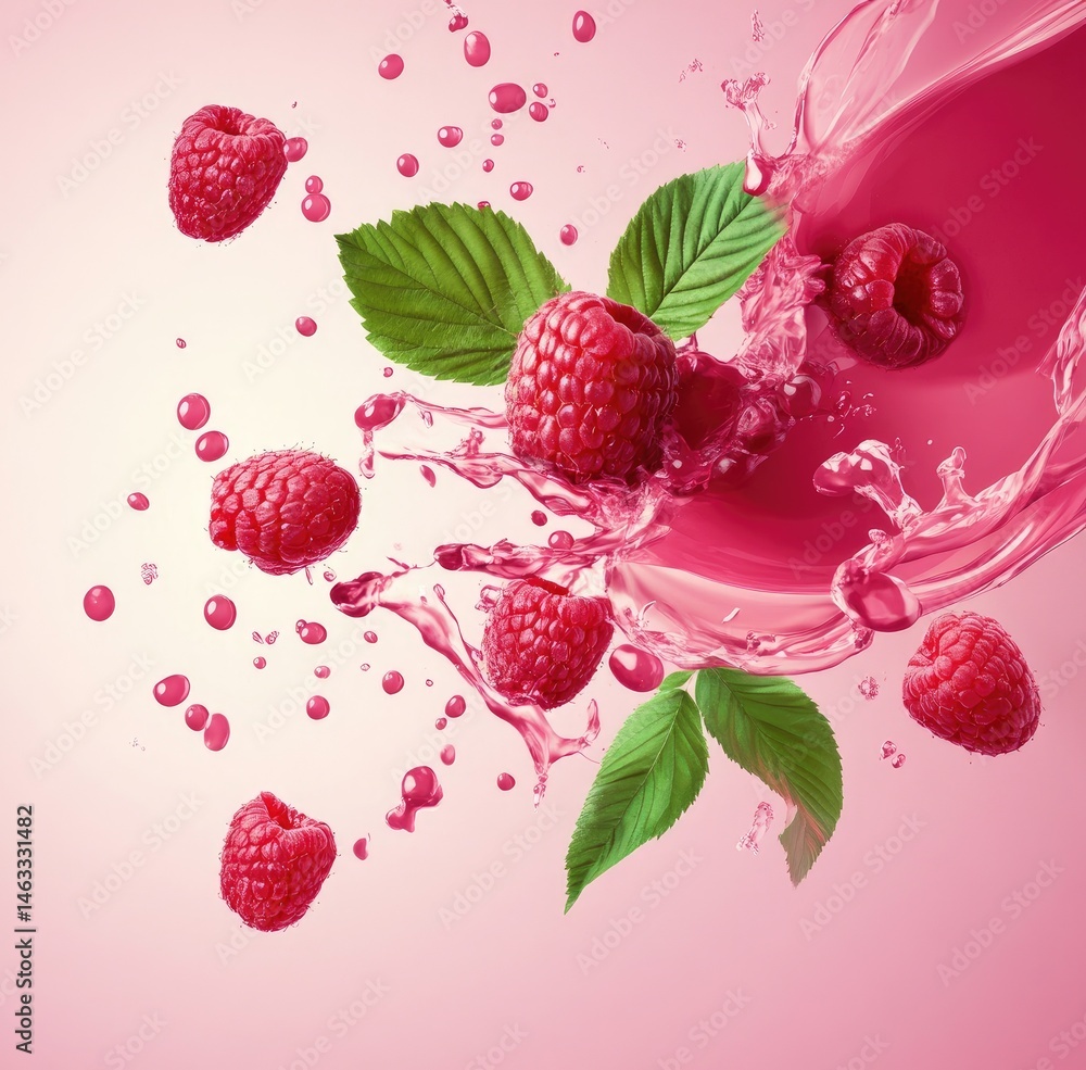 Aufkleber a splash of raspberry juice with fresh raspberries and green leaves. creating a dynamic scene agains