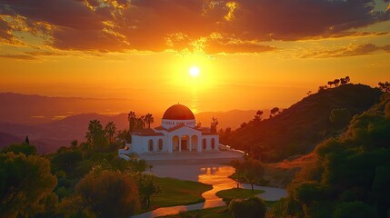 Fototapeta premium Sunset over a hilltop structure. Golden hour light bathes a white dome building perched high on a mountain. 