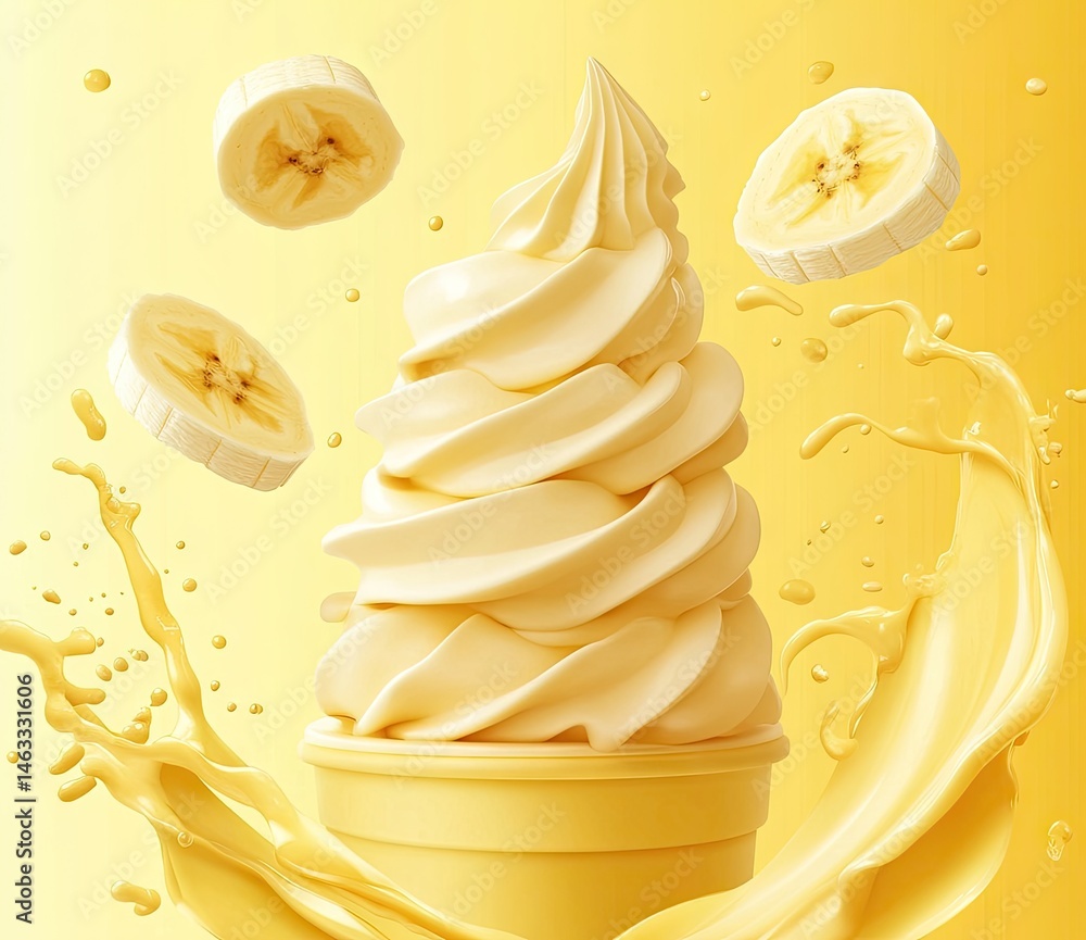 Aufkleber a delicious swirl of banana soft serve ice cream in a bright yellow cup. surrounded by flying banana