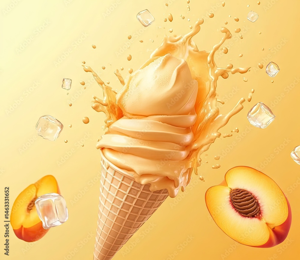 Poster a ice cream cone topped with creamy peach-flavored soft serve. surrounded by splashes of juice and i