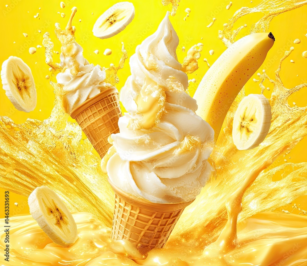 Aufkleber a and dynamic close-up of two ice cream cones topped with creamy vanilla soft serve. surrounded by s