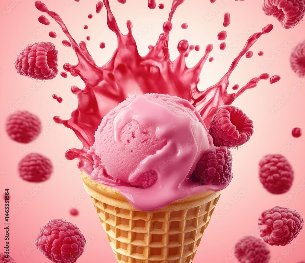 Poster a pink ice cream cone topped with a scoop of raspberry-flavored ice cream. surrounded by splashes of