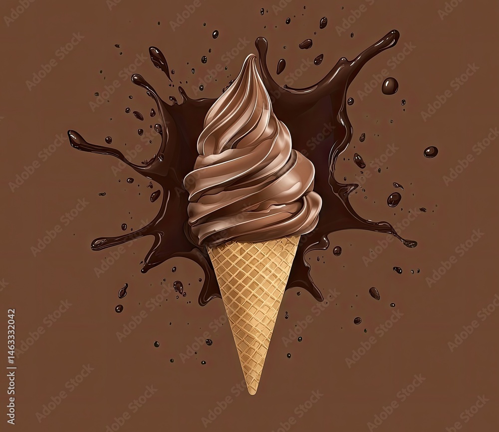 Poster a delicious chocolate soft serve ice cream cone with a rich chocolate splash in the background. perf