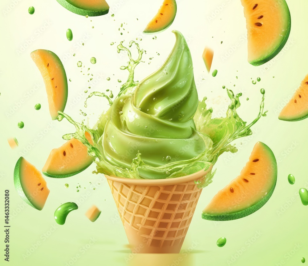 Poster a green soft serve ice cream cone surrounded by splashes of melon slices and droplets. creating a re
