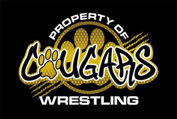 property of wrestling team design with cougar paw print and claw marks for school, college or league sports