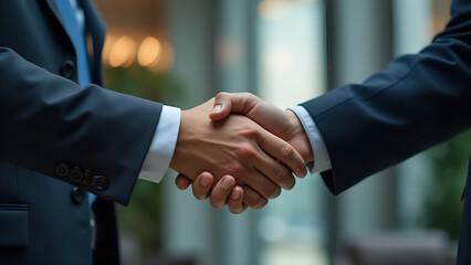 Close-Up of Two Businessmen Shaking Hands in a Professional Setting, AI Generation