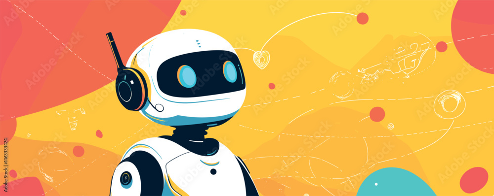 Poster futuristic robot in vibrant digital art with headset and colorful abstract background.