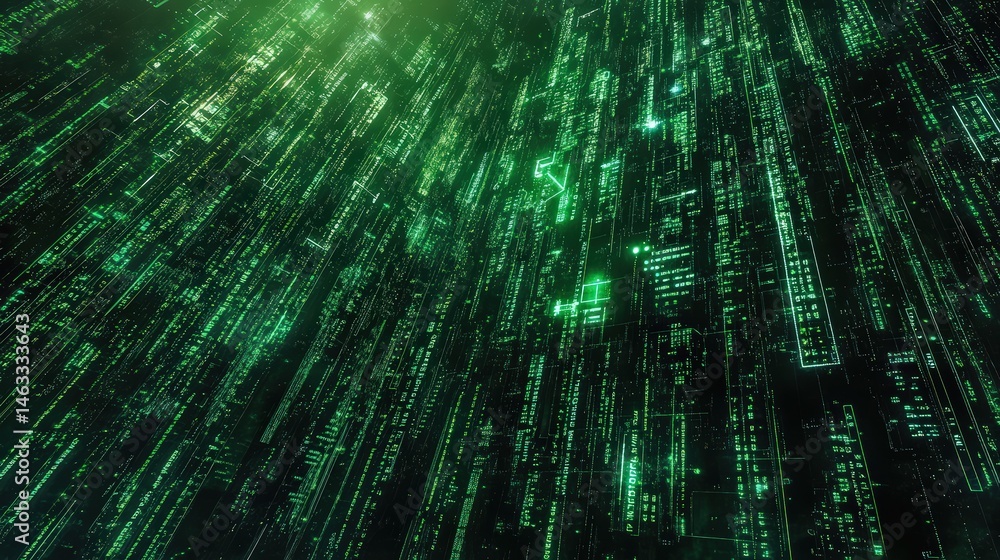 Poster abstract digital grid with green code streams and technological interconnections