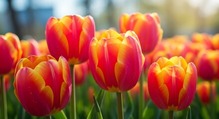 Fototapeta premium Red and Yellow Tulips in a Garden