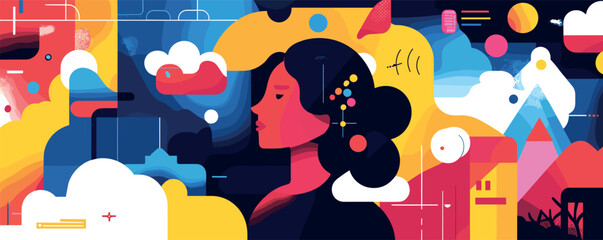 Obraz premium Abstract modern art with female silhouette and geometric shapes in vibrant colors.