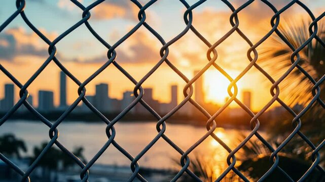 Sunset cityscape viewed through chain link fence