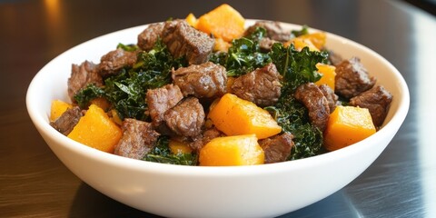 Fototapeta premium Delicious Beef Stew with Butternut Squash and Kale: A Hearty and Flavorful Autumn Meal