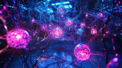 Abstract Neural Network Visualization in Deep Blue and Vibrant Purple Hues