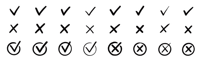 Check the mark icon set. Hand drawn doodle checklist correct, cross, ok vote sign element. Hand drawn brush stroke check mark with box, circle symbol icon set. Vector illustration