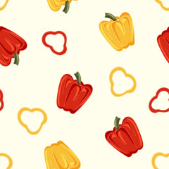 Seamless vector pattern with red and yellow sweet peppers and slices on a light yellow background. Ideal for food design, packaging, textiles and kitchen themes