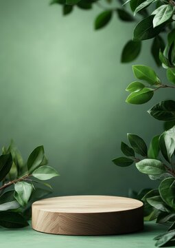 Wooden Podium Set Against Soft Green Background
