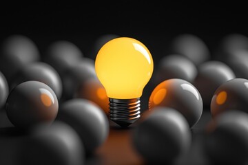 Illuminated lightbulb amidst many gray spheres