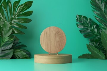 Wooden Podium for Product Display on Green Background