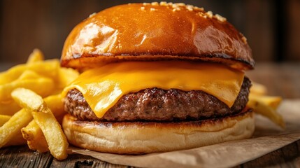 Delectable cheeseburger adorned with french fries on rustic wooden surface