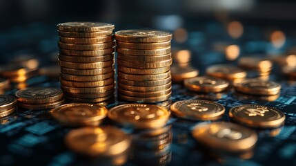 Gold coin stacks on financial background