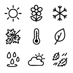 A set of doodle line icons showing seasonal and weather elements like sun, snowflake, rain, leaves, temperature, cloud, and flower