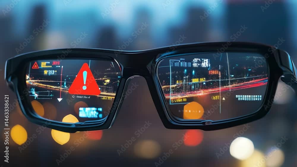 Poster futuristic smart glasses displaying augmented reality interface in a cityscape