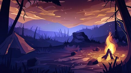 An isolated vector illustration of a survival camp fire, which vividly presents the essential element of a survival situation. The camp fire, with its flickering flames and warm glow, 
