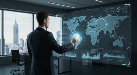 Man in suit interacts with futuristic world map display in modern office.