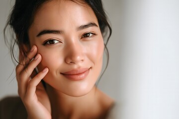 Close-Up Portrait of Beautiful Asian Woman with Smooth Glowing Skin and Natural Makeup in Soft Light