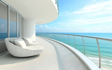 Oceanfront balcony with white wicker lounge chairs