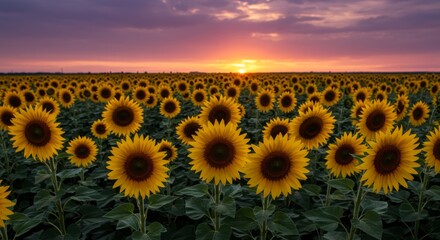 Fototapeta premium Vibrant Yellow Sunflower Field at Sunset