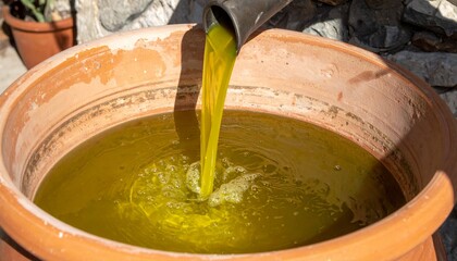 Freshly crushed Frantoio olives releasing emerald-green oil at a stone mill, the golden stream catching morning light as it flows into a family’s antique terracotta vessel.