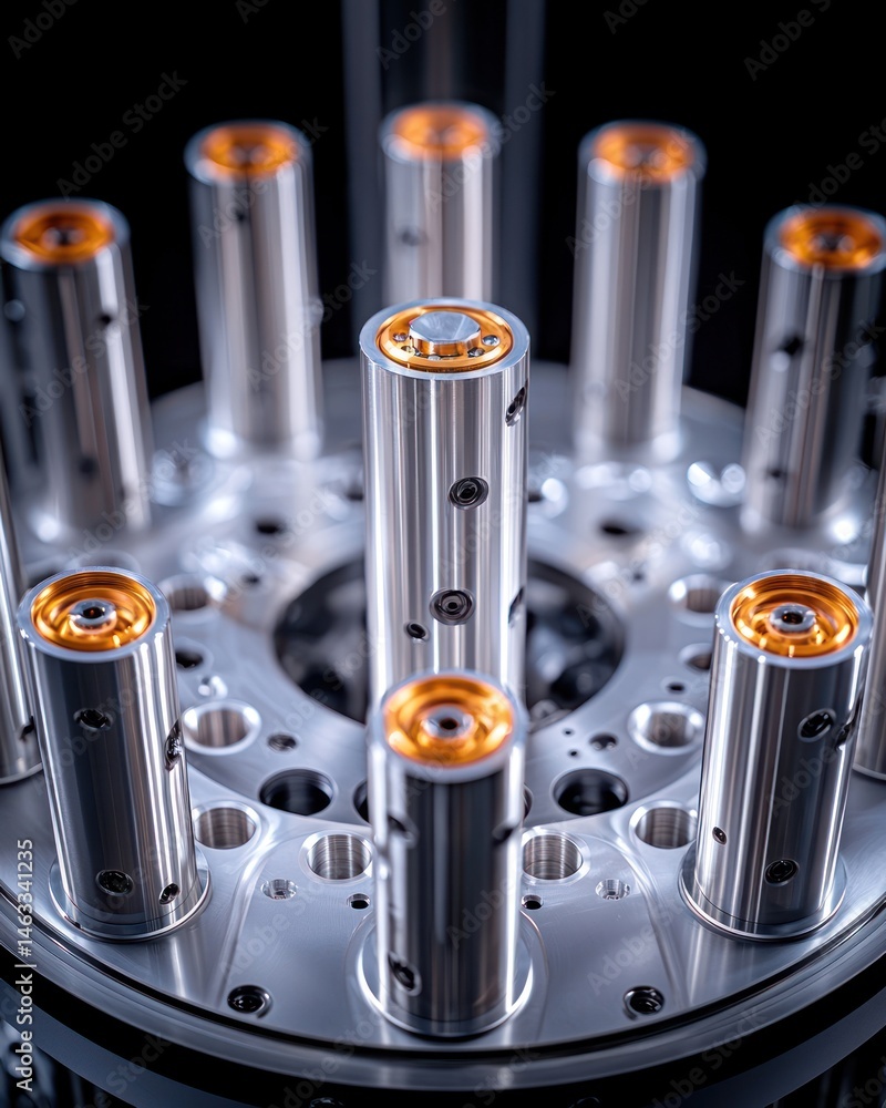 Poster precisely engineered, metallic circular components. inner workings of a high-tech device