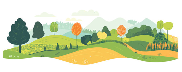 Obraz premium Colorful landscape with rolling hills and vibrant trees in a serene countryside setting.