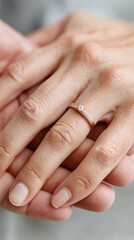 Close up of hands with ring on finger in vertical frame