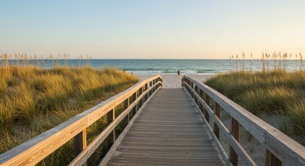 Naklejka premium Wooden Walkway Leading to Sandy Beach at Sunset