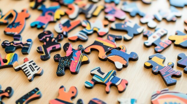 Vibrantly patterned puzzle pieces scattered on a light wooden surface